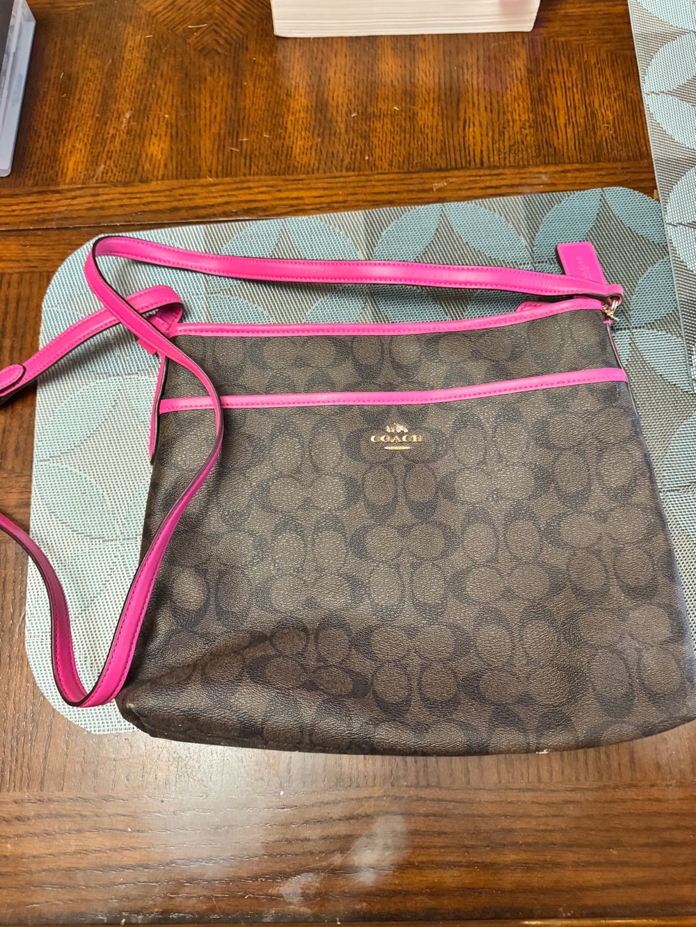 Coach Signature Crossbody Bag in Brown with Pink Trim